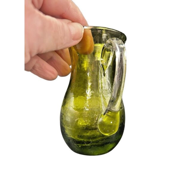 Thick Crackle Glass 4.25" Pitcher Applied Clear Handle Avocado Sage Green BLENKO - Picture 3 of 8